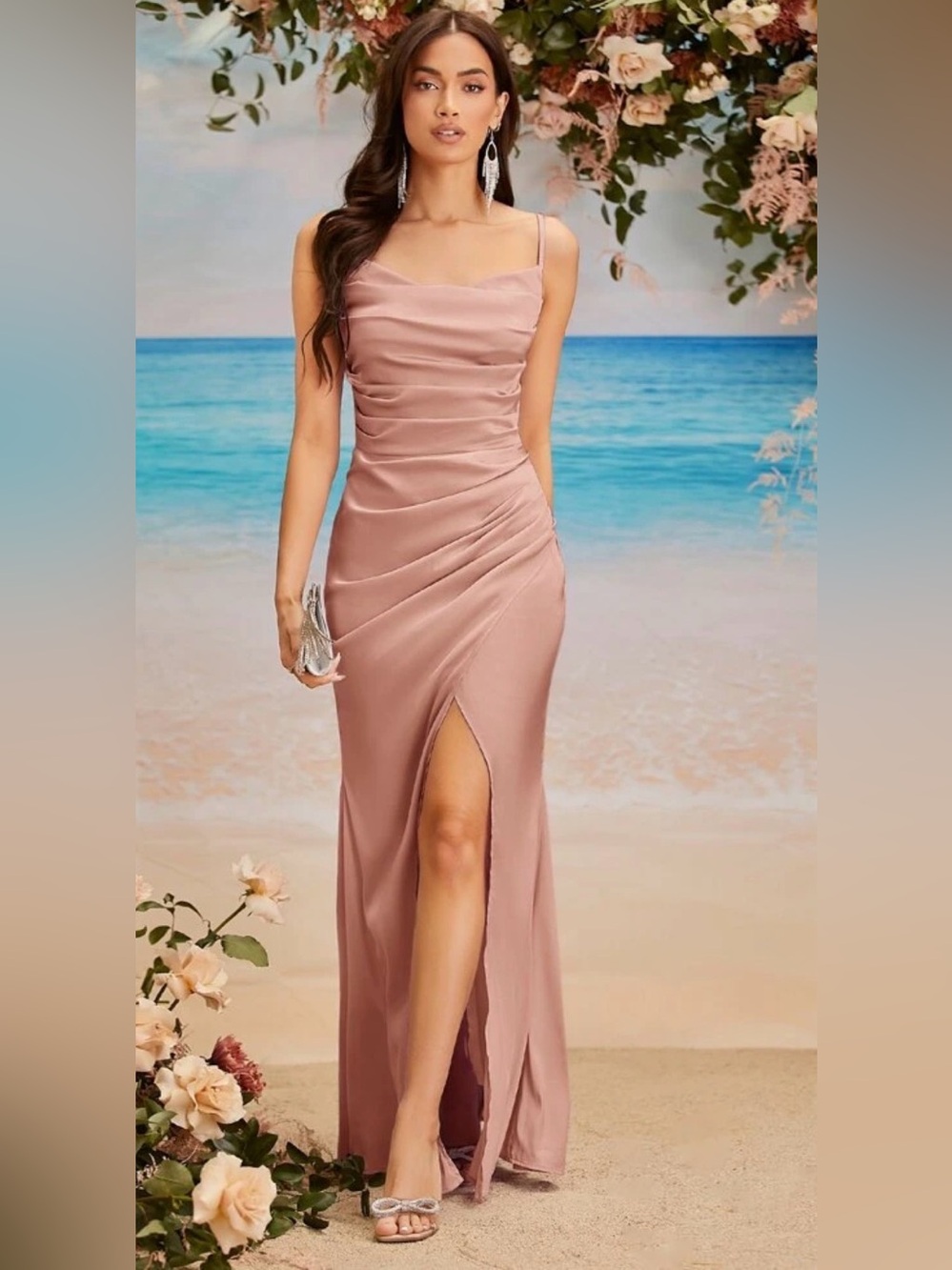 SHEIN Rose Dusty Pink Satin Maxi Dress with Front Slit